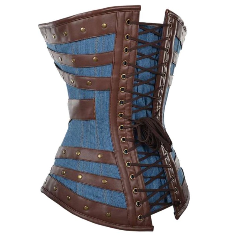 Women Corset Harnock Denim Overbust Corset With Brown Faux Leather